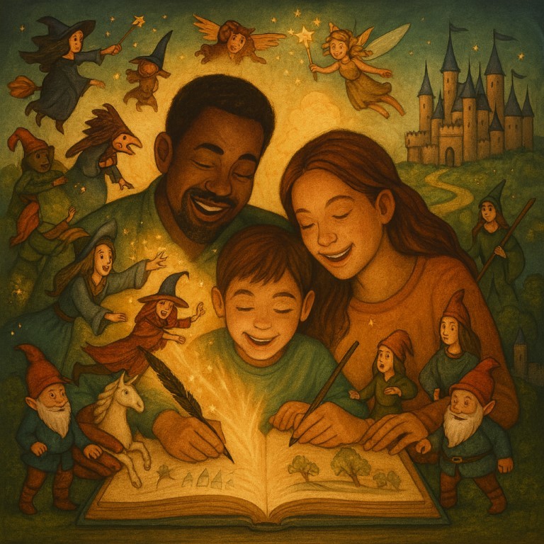 Famille lisant et c´reant des contes ensemble